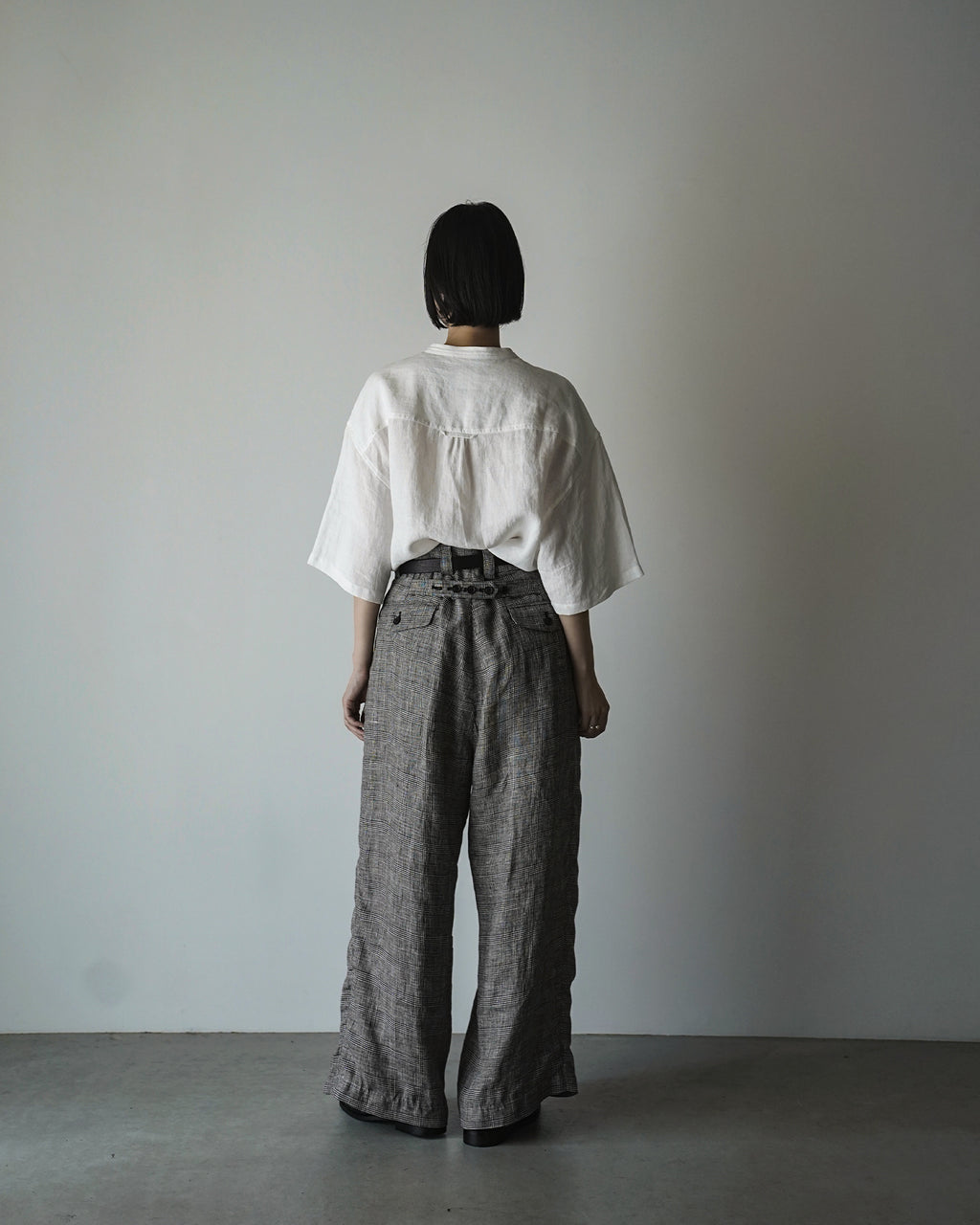 Glen Check Linen Back Belt 3Tuck Wide Straight Trousers <#glen check>