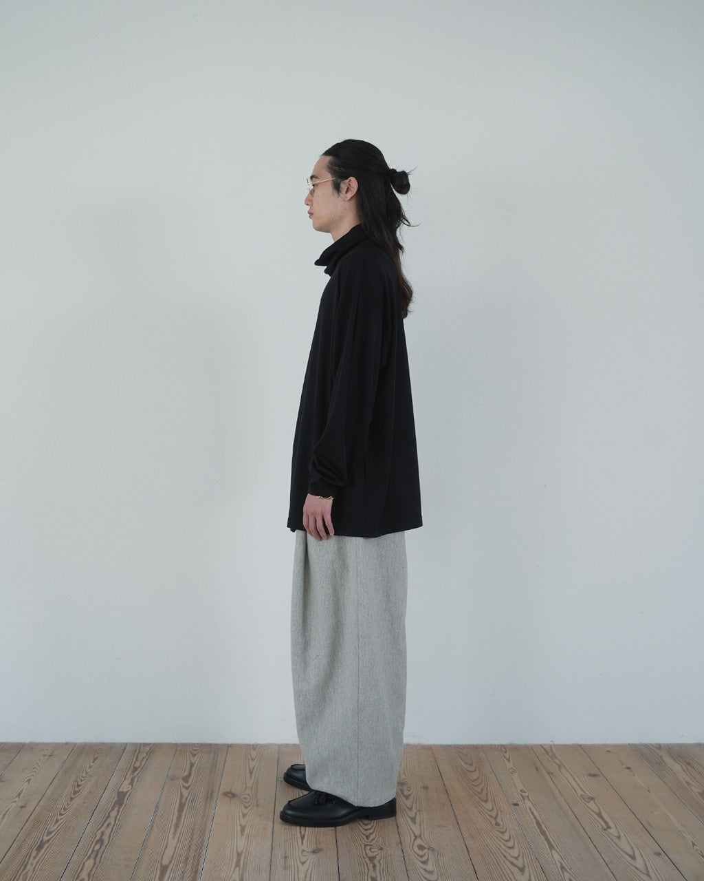 Super100s WOOL Plating Turtleneck L/S Logo TEE <#black>