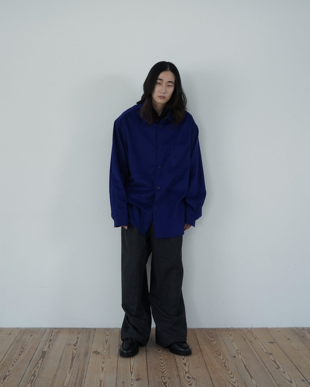 Wool Blend Heavy Flannel Wide Tuck Over Shirt <#royal blue>