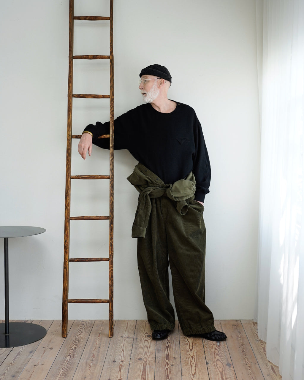 Shetland Wool Linen Crew Neck LS Tuck Rib Pullover <#black>