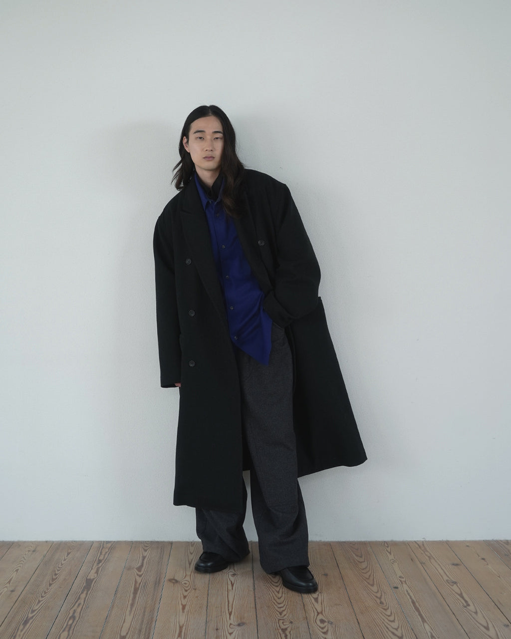 Wool Blend Double-Breasted Long Coat <#black>