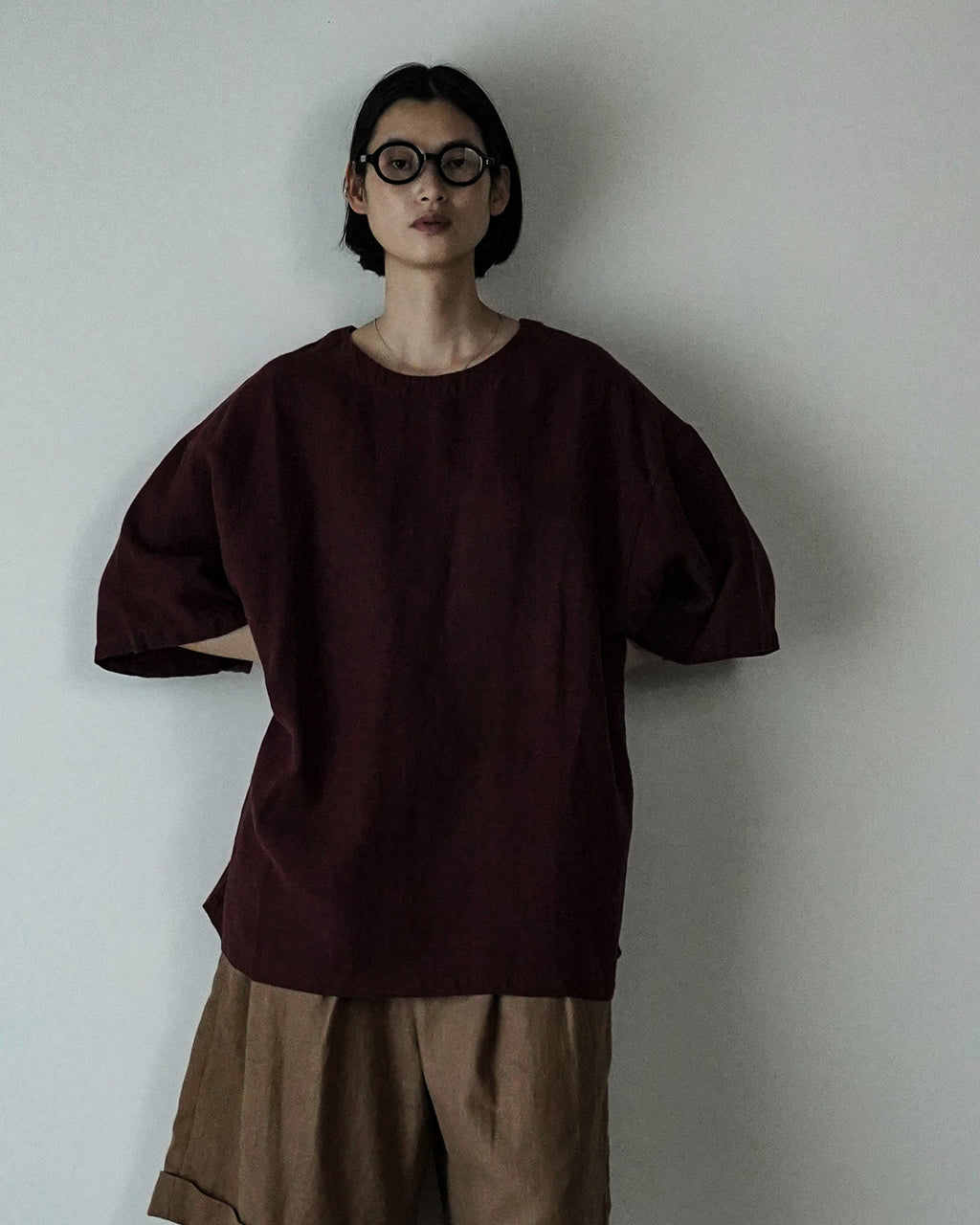 French Linen Crew Neck Half Sleeve Oversized Pullover <#burgundy>