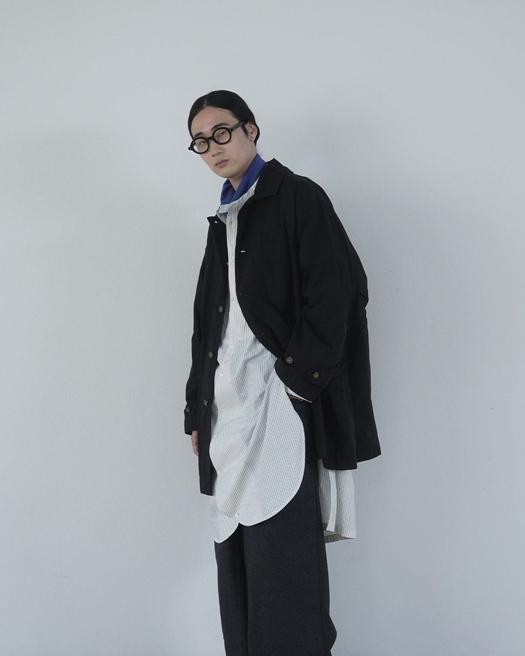 Cotton Typewriter Round Slit Long Officer Shirt <#ivory stripe>