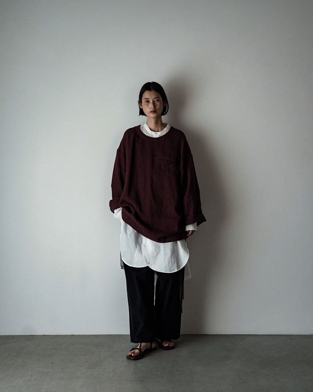 French Linen Side Shirring Long-Sleeve Pullover<#burgundy>