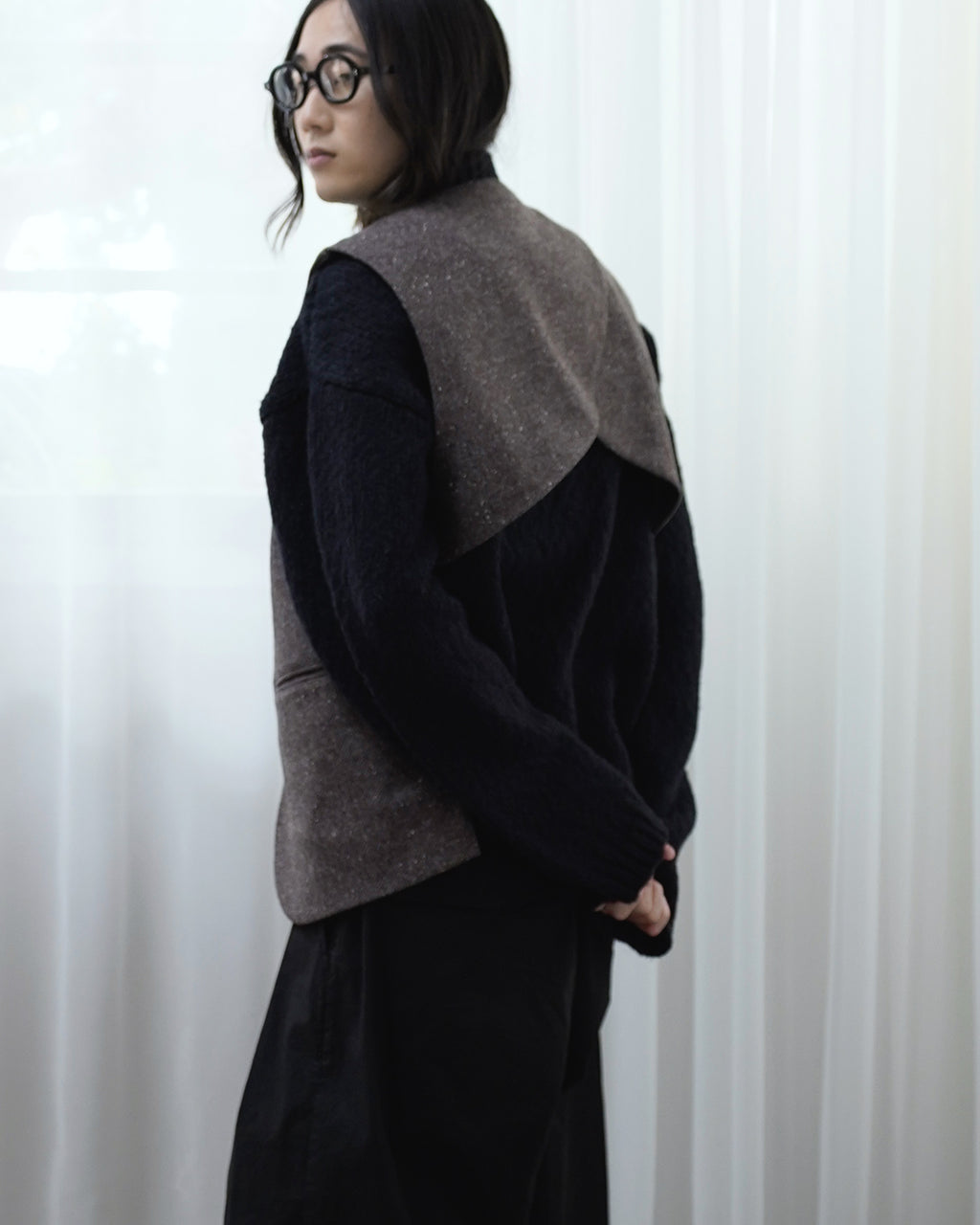 Wool Blend Tweed Back-Open Layered Crew Neck Vest <#brown>