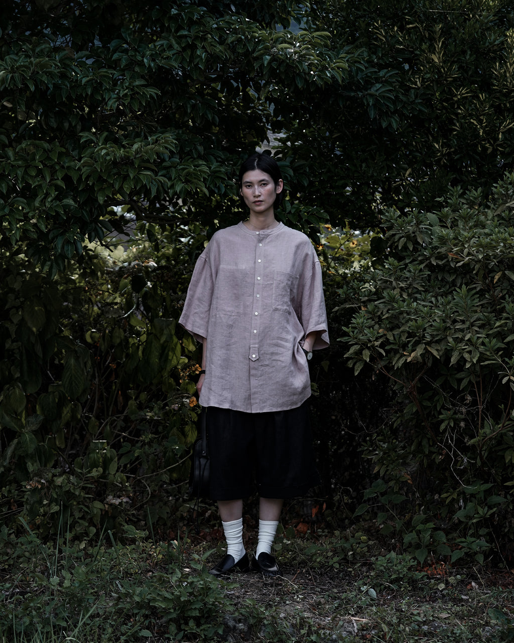 Wash Linen Band Collar Henley Neck Like Half Sleeve Atelier Shirt <#smoke pink>