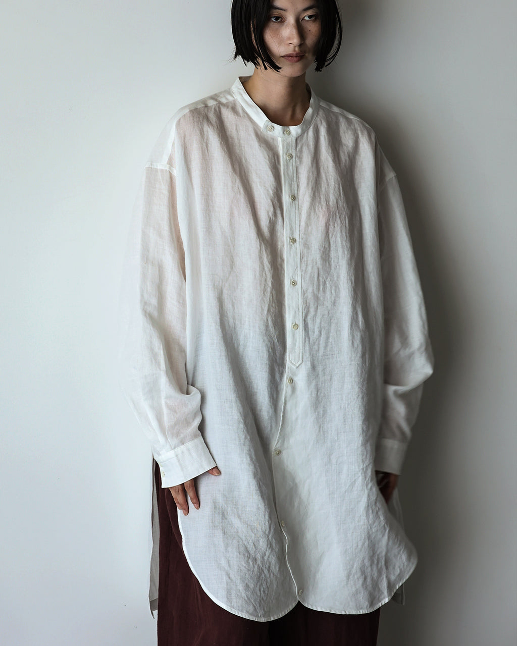 Linen Band Collar Round Slit Long Officer Shirt <#off white>