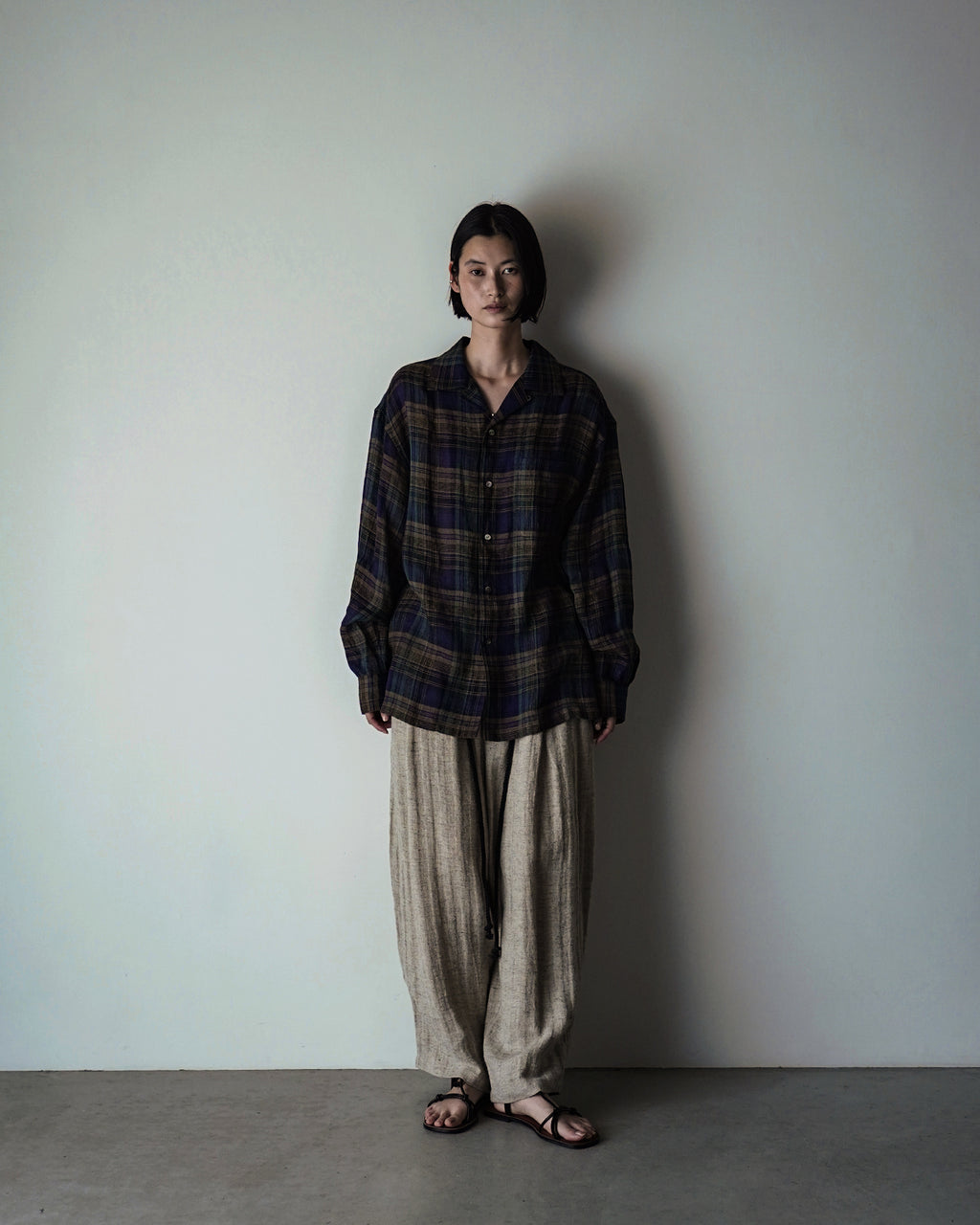 Linen Herringbone Button-Fly Easy Sarouel Pants <#heather gray>