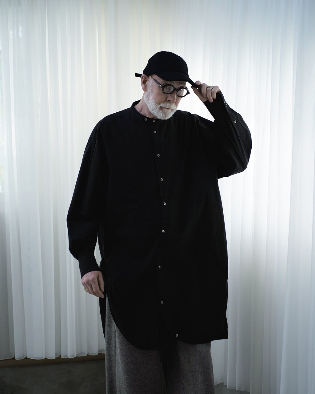 Cotton Typewriter Round Slit Long Officer Shirt <#ink black>