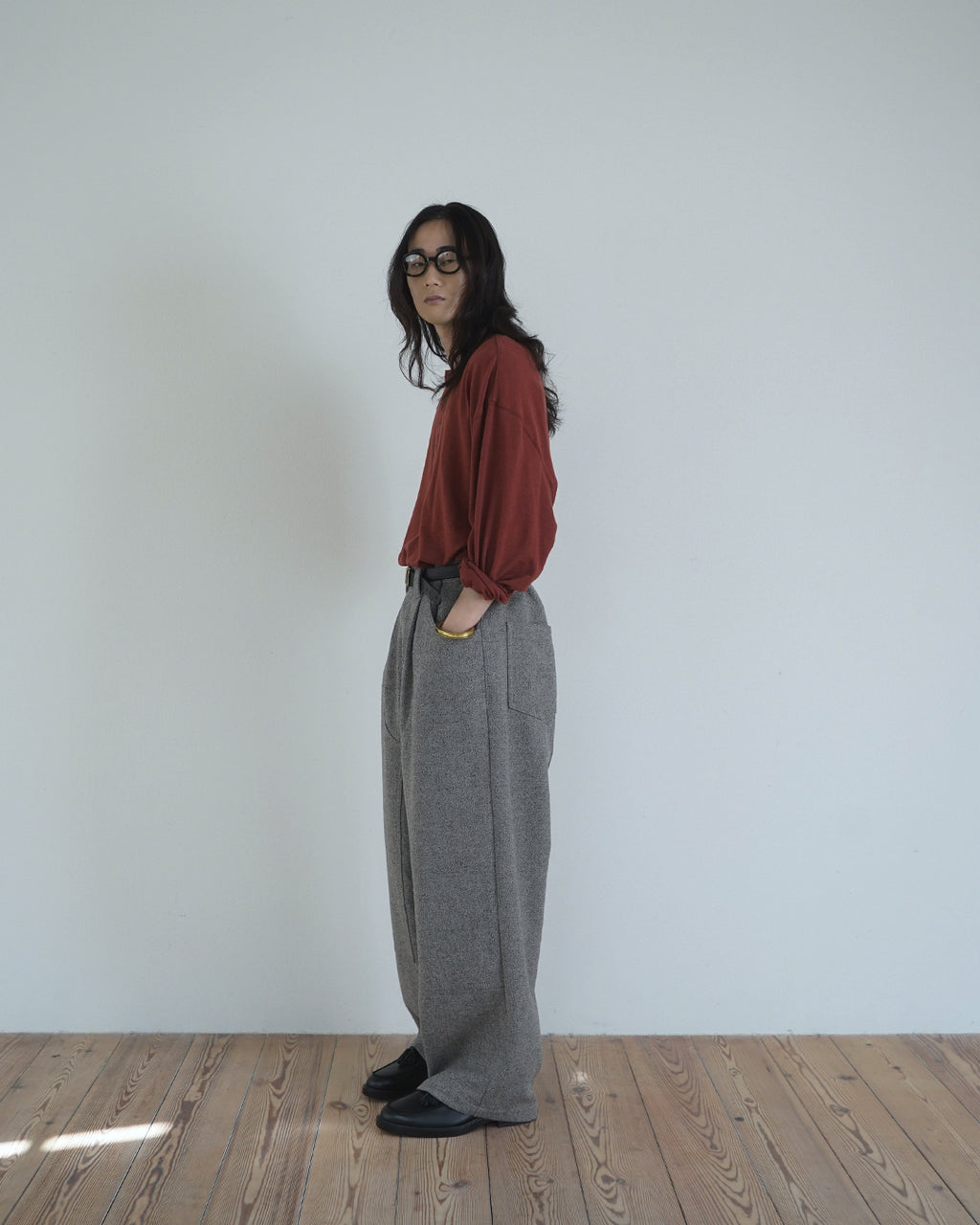 Linen Jersey Henley Neck Middle Length L/S Tee <#terracotta>