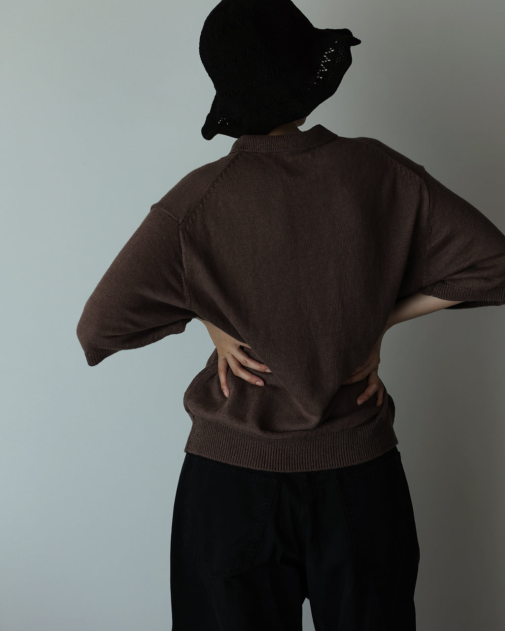 Linen Mid-Gauge Half Sleeve Knit Polo <#brown>