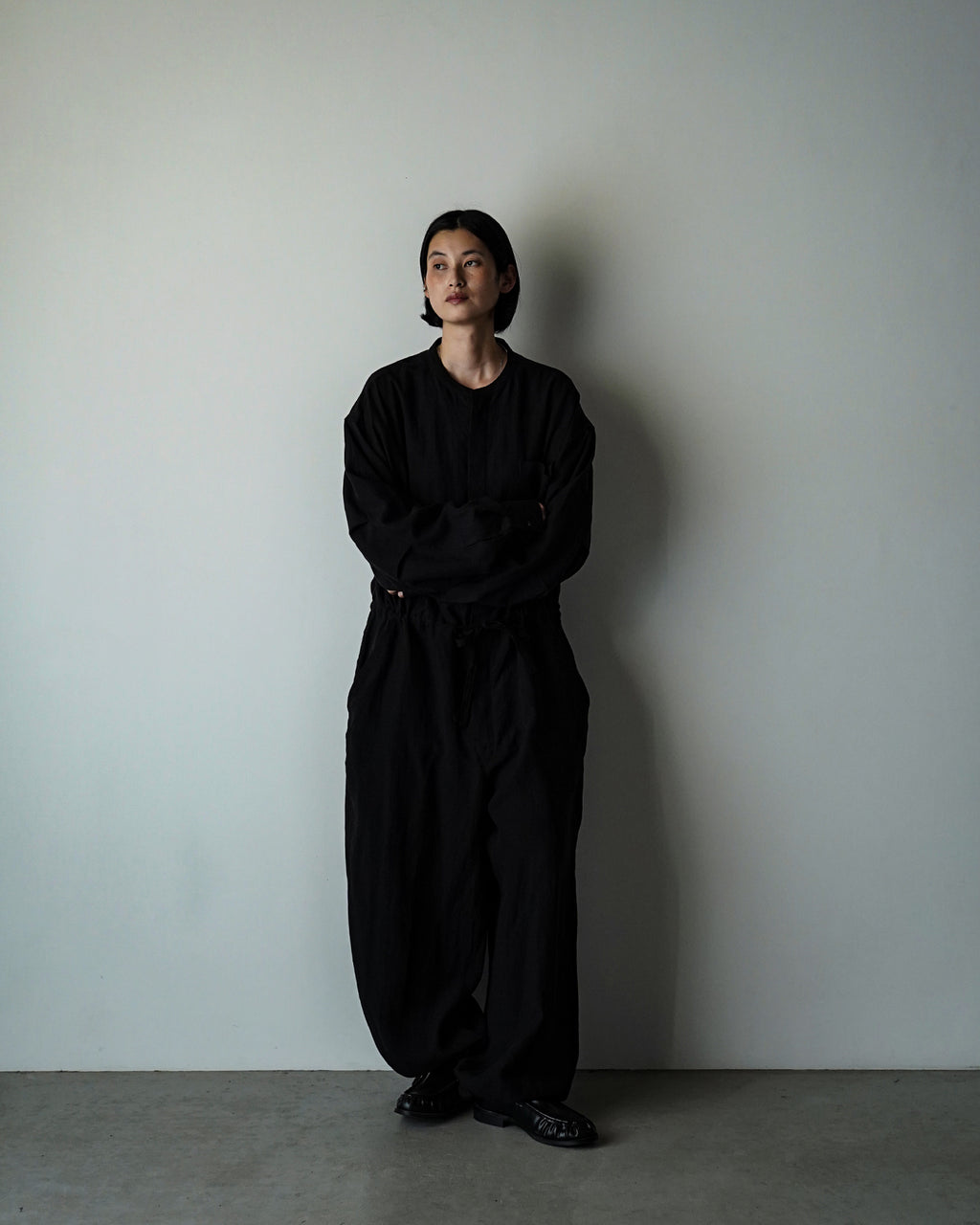 Wash Linen Band Collar Long-Sleeve Jumpsuit <#black>