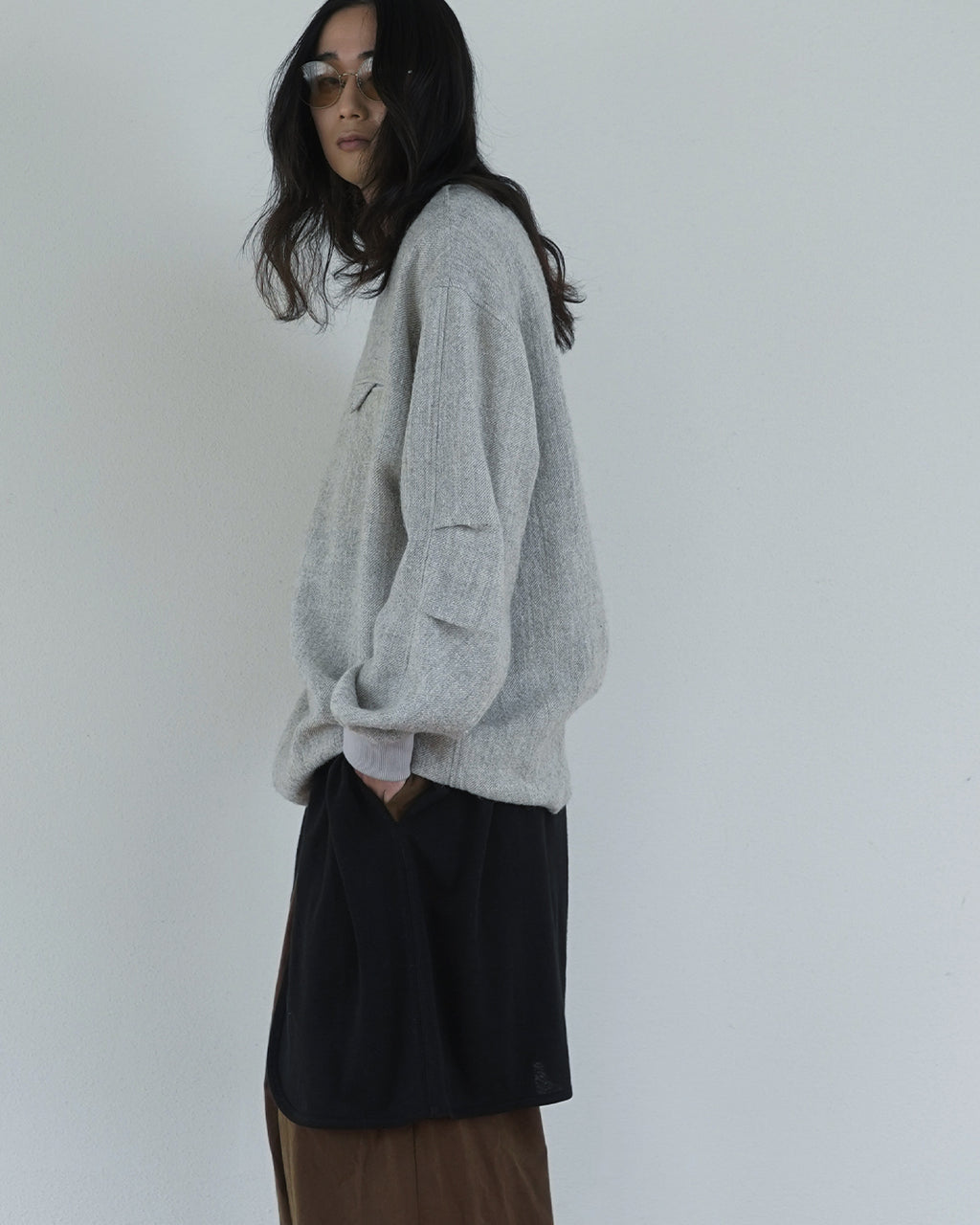 Shetland Wool Linen Crew Neck LS Tuck Rib Pullover <#light gray>