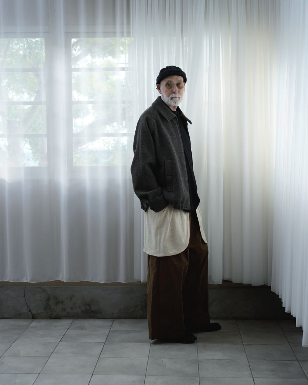 Wool Blend Herringbone Tweed Volume Zip Blouson <#brown>