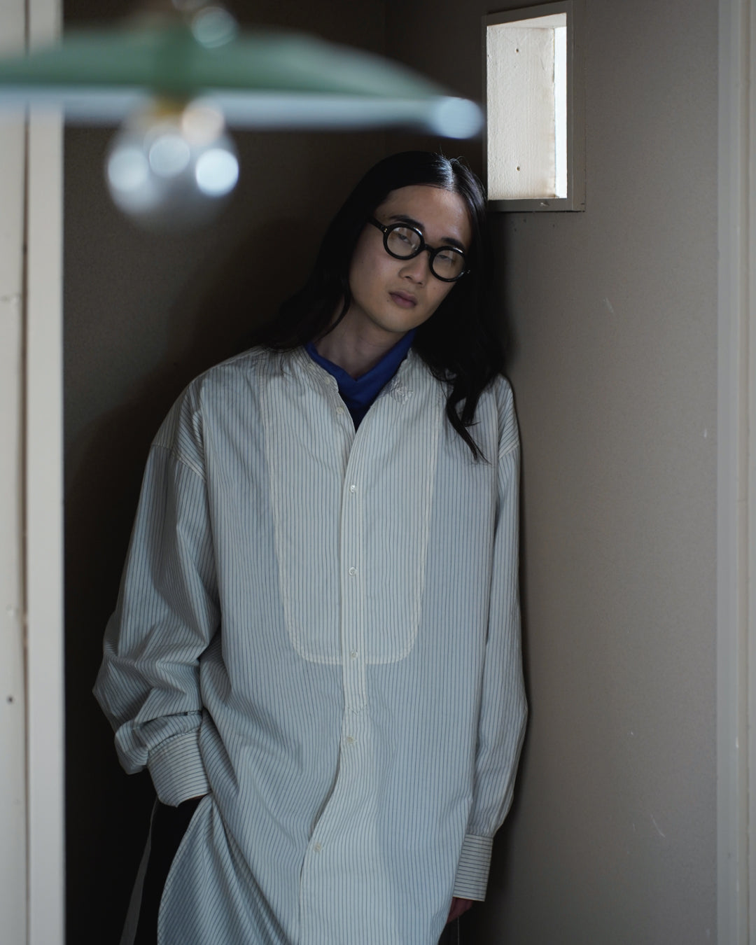 Cotton Typewriter Round Slit Long Officer Shirt <#ivory