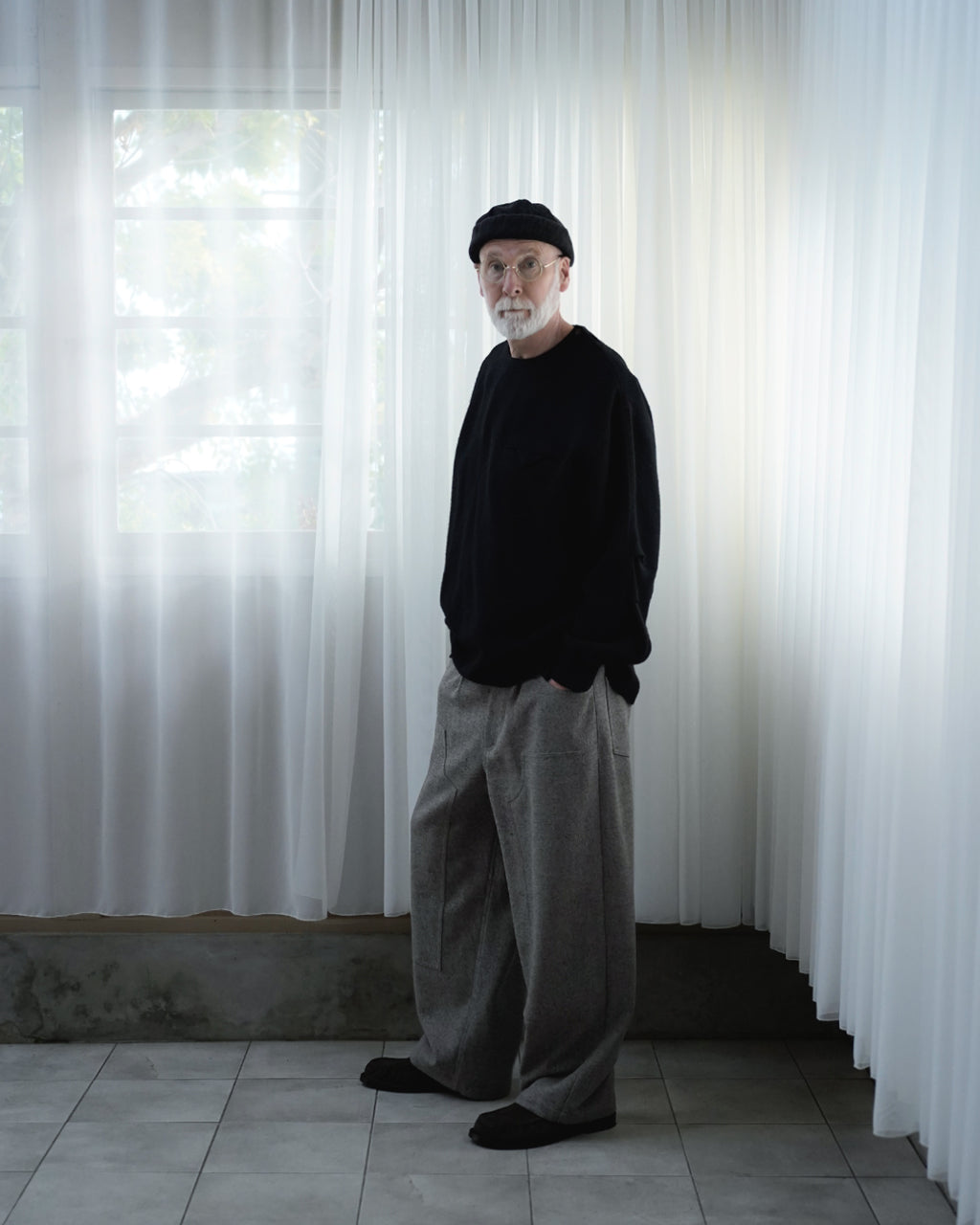 Shetland Wool Linen Crew Neck LS Tuck Rib Pullover <#black>