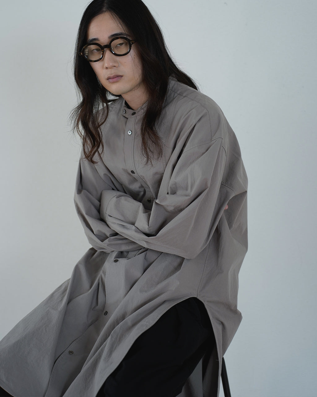 Cotton Typewriter Round Slit Long Officer Shirt <#greige>