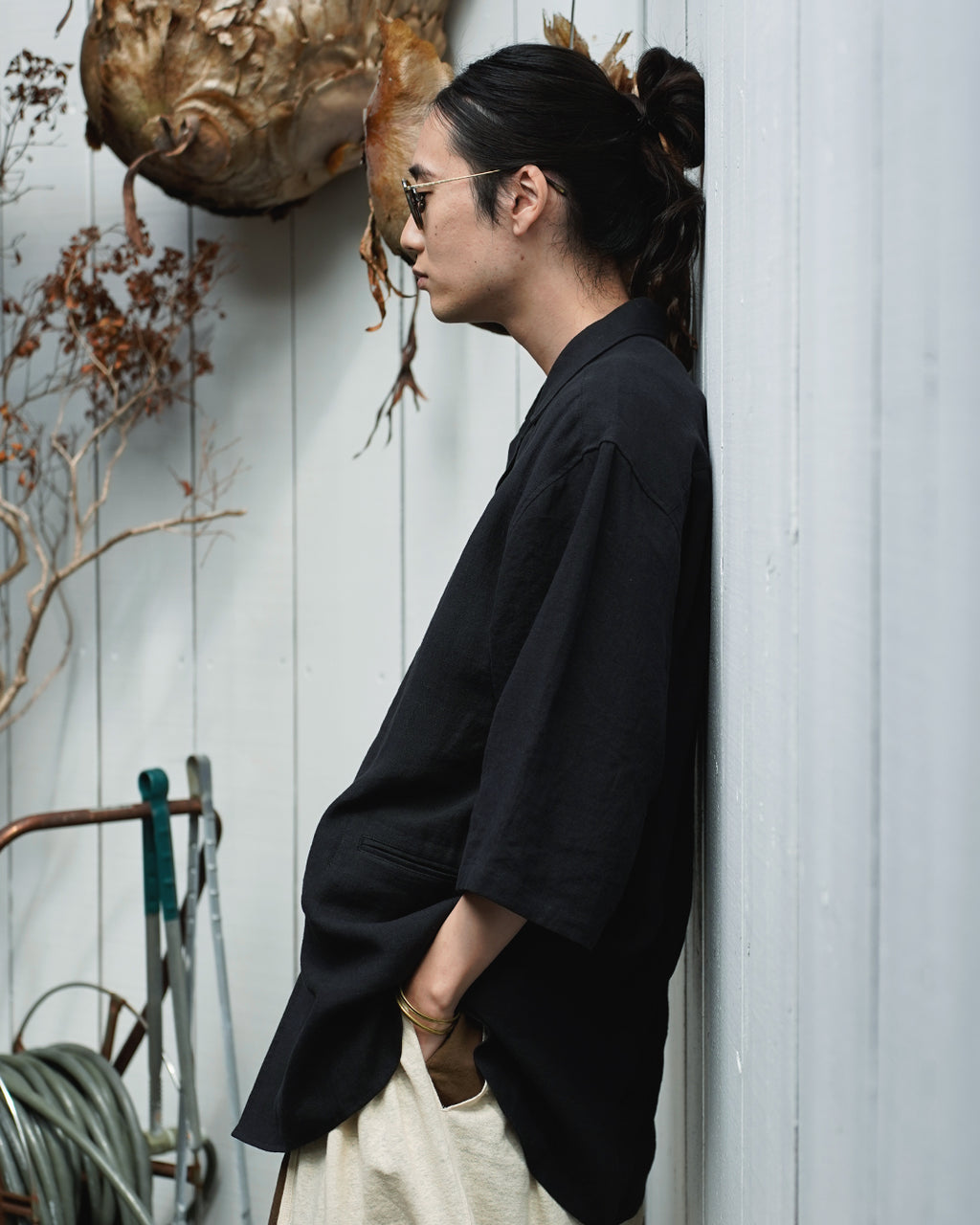Wash Linen Open Collar 3/4 Sleeve Sleeping Shirt <#black>