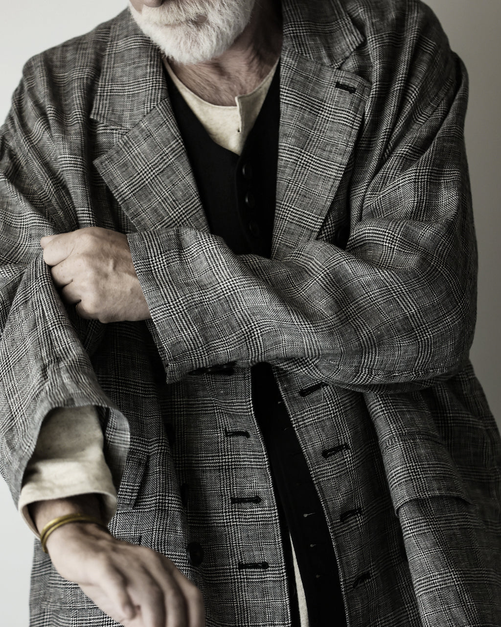 Glen Check Linen Back-Open Button Design Semi-Double Jacket <#glen check>