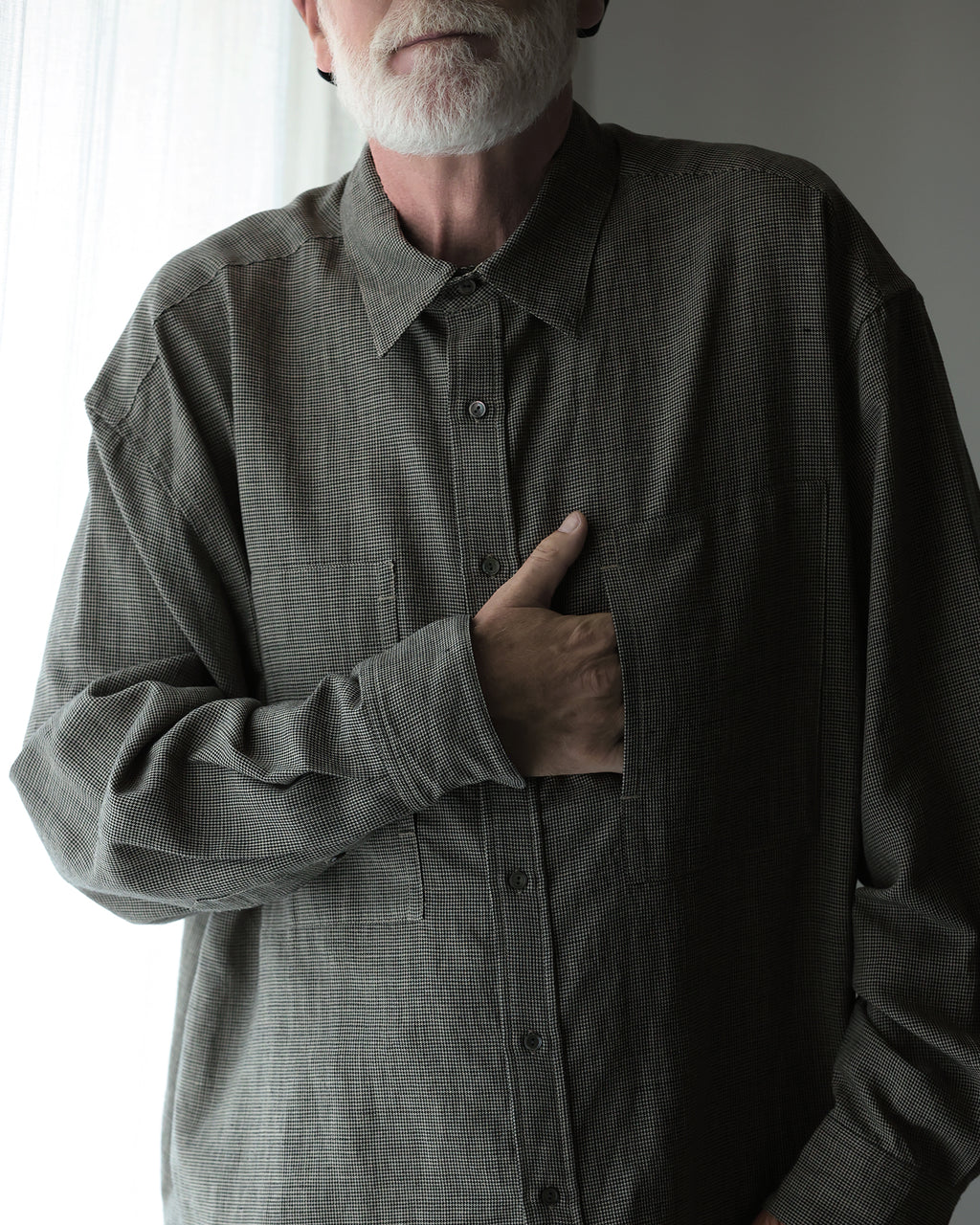 Linen-Tencel Double Pocket Regular Collar Over Shirt <#black×beige>