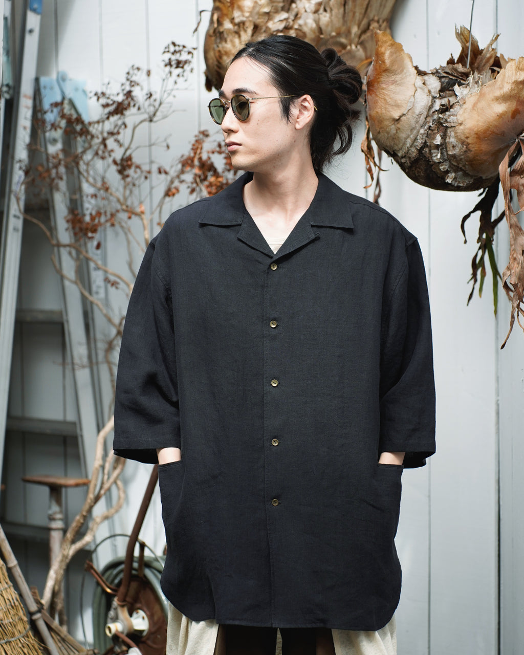 Wash Linen Open Collar 3/4 Sleeve Sleeping Shirt <#black>
