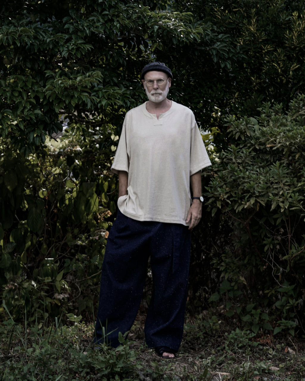 Cotton Linen Hem Round Skipper Half Sleeve Tee <#ivory>