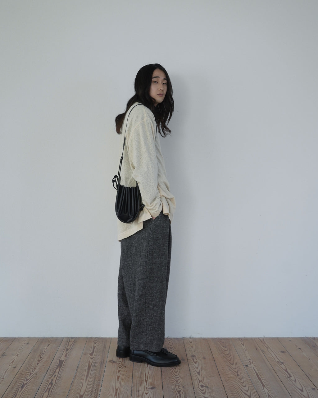 Shetland Wool Linen Rope Belt Easy Sarouel Pants <#charcoal>