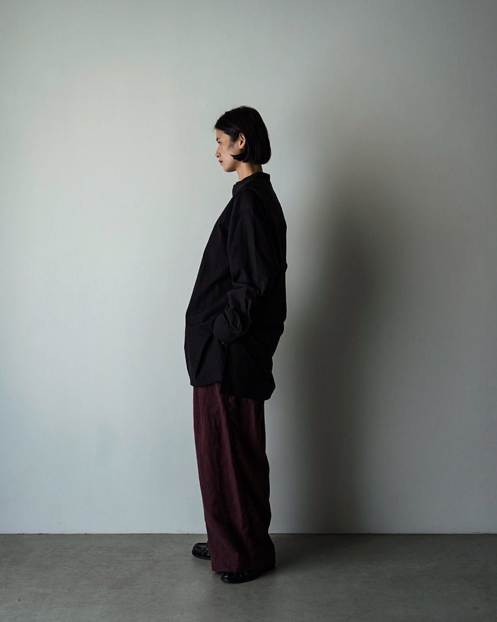 Organic Cotton Band Collar Side Slit Grandpa Shirt <#black>