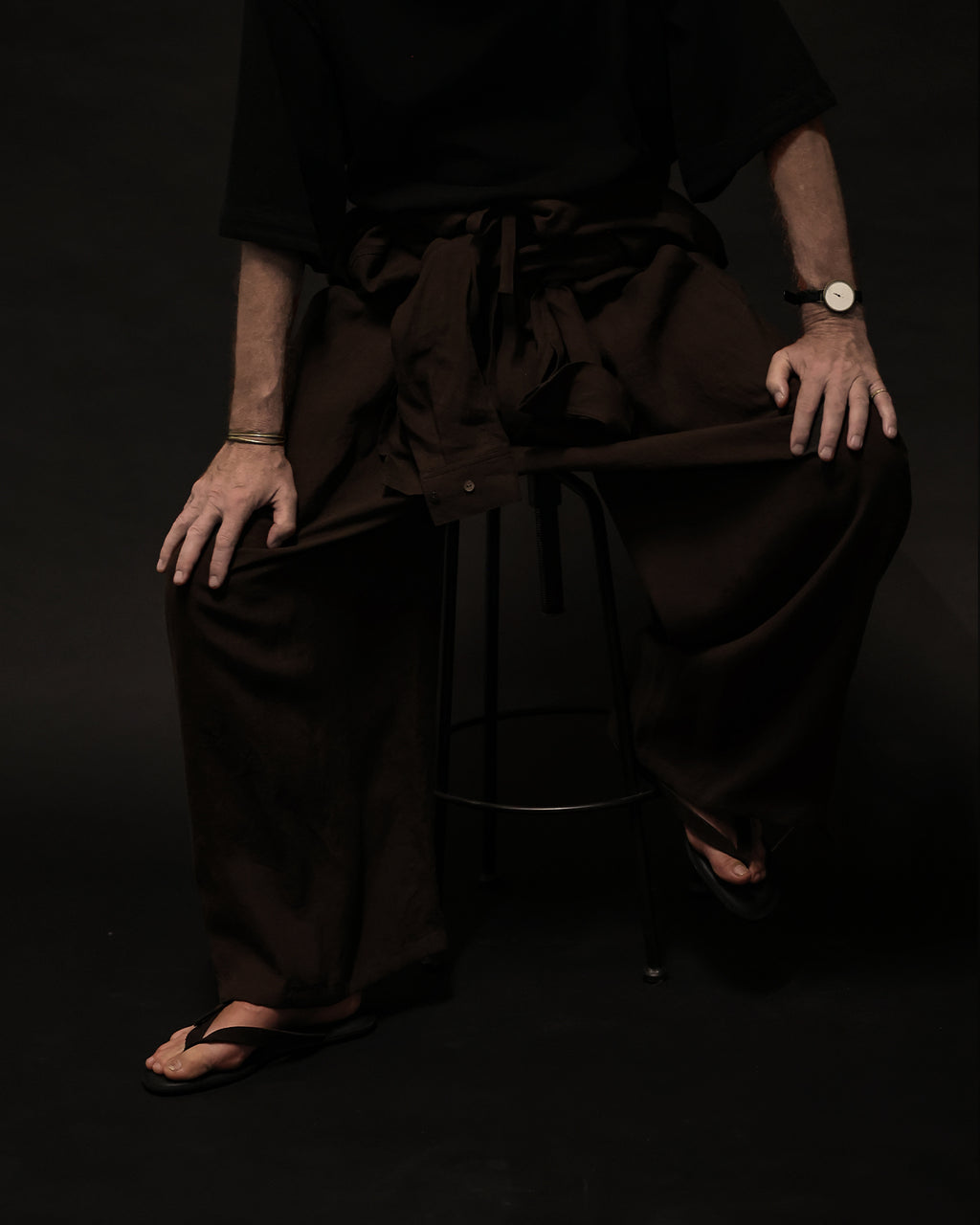 Wash Linen Band Collar Long-Sleeve Jumpsuit <#brown>