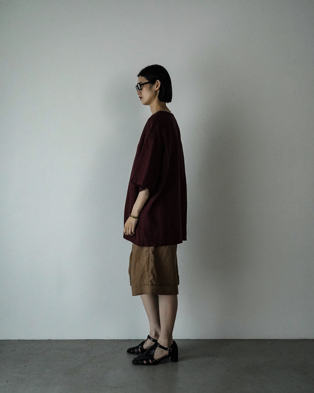 French Linen Crew Neck Half Sleeve Oversized Pullover <#burgundy>