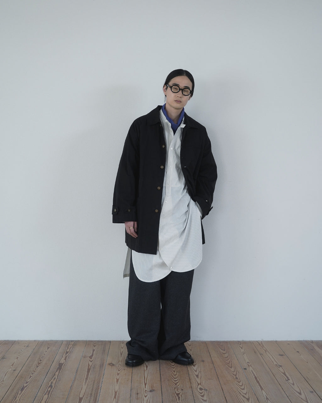 Cotton Typewriter Round Slit Long Officer Shirt <#ivory stripe>