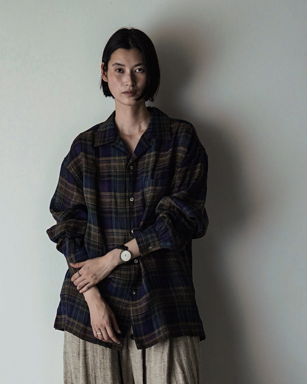 Linen Madras Check Open Collar Long-Sleeve Gathered Shirt<#navy check>