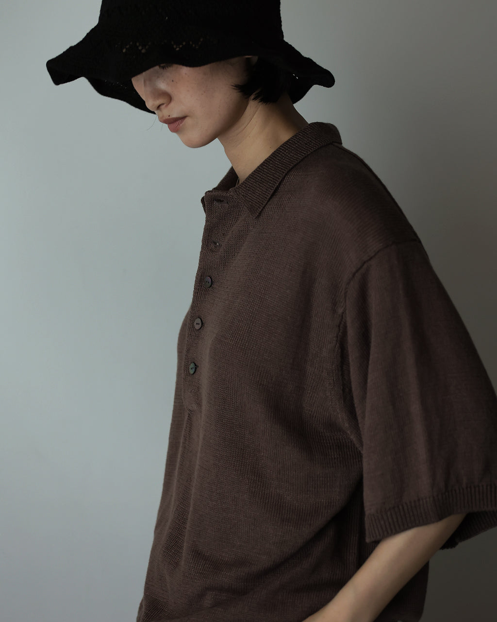 Linen Mid-Gauge Half Sleeve Knit Polo <#brown>