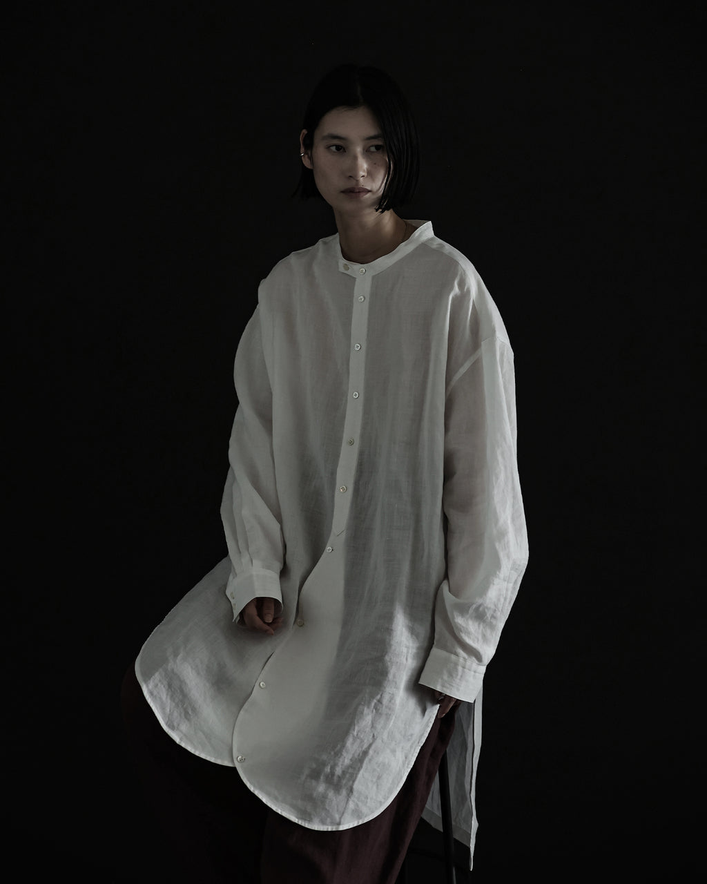 Linen Band Collar Round Slit Long Officer Shirt <#off white>