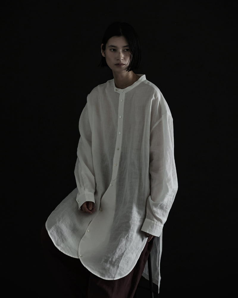Linen Band Collar Round Slit Long Officer Shirt <#off white>