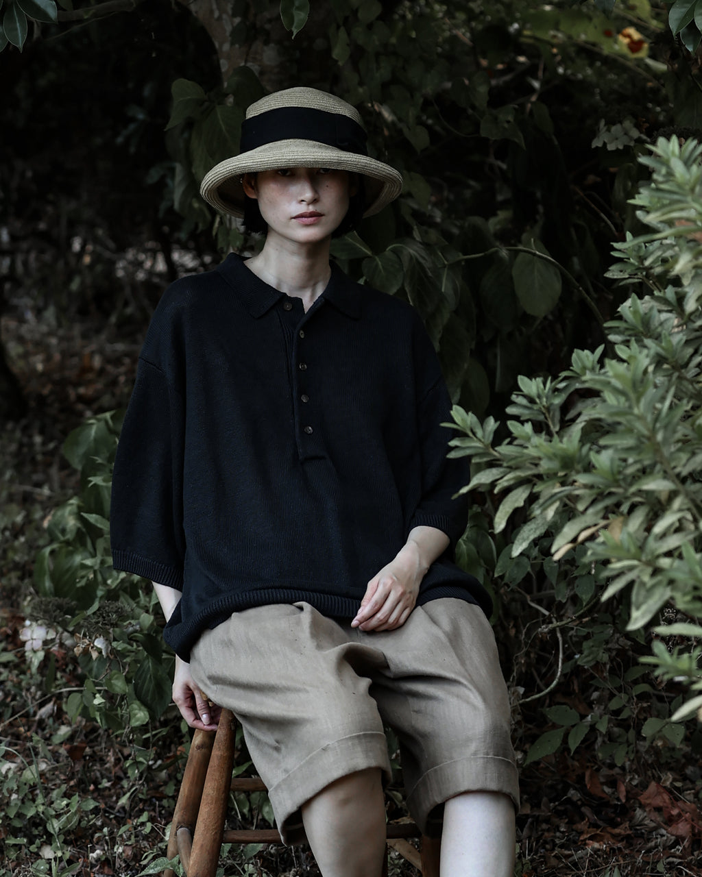 Linen Mid-Gauge Half Sleeve Knit Polo <#black>