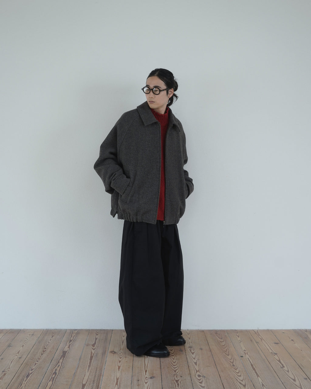 Wool Blend Herringbone Tweed Volume Zip Blouson <#brown>