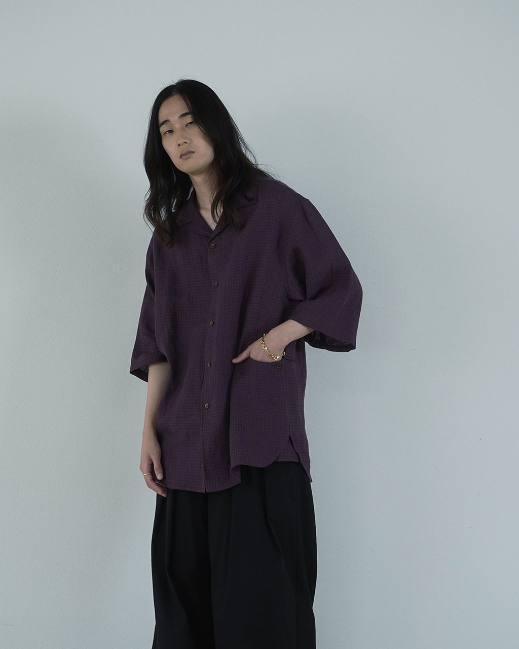 Wash Linen Open Collar 3/4 Sleeve Sleeping Shirt <#brown×navy>