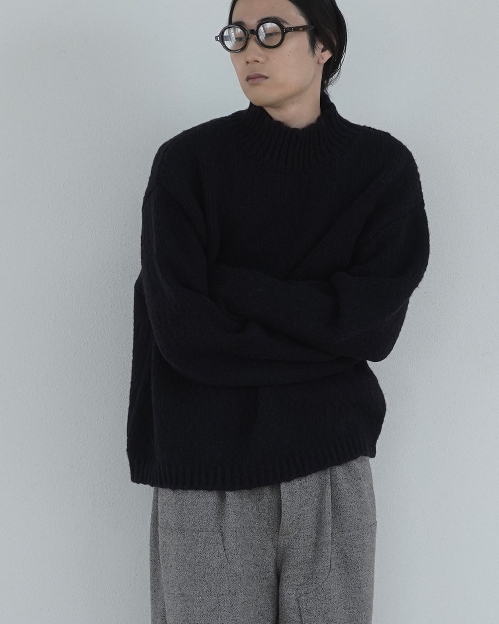 Wool Blend High Neck Hand-like Knit / Sweater <#black>