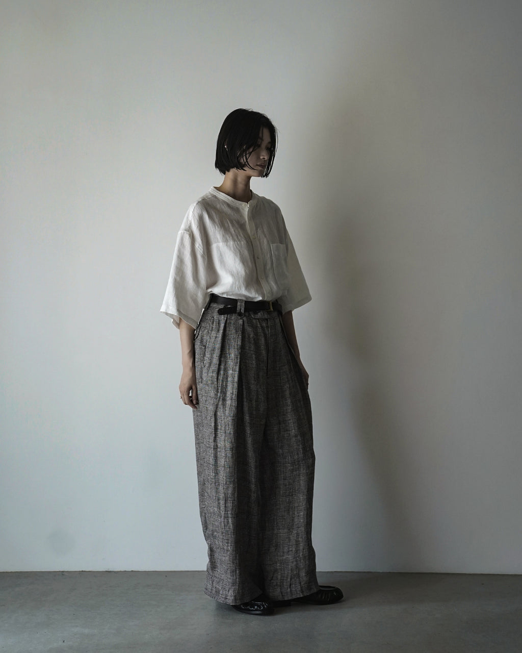 Glen Check Linen Back Belt 3Tuck Wide Straight Trousers <#glen check>