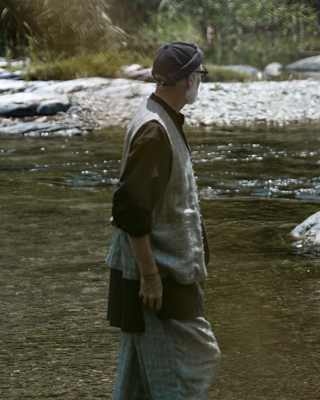 Glen Check Linen Back Belt Button Design V-Neck Vest <#glen check>