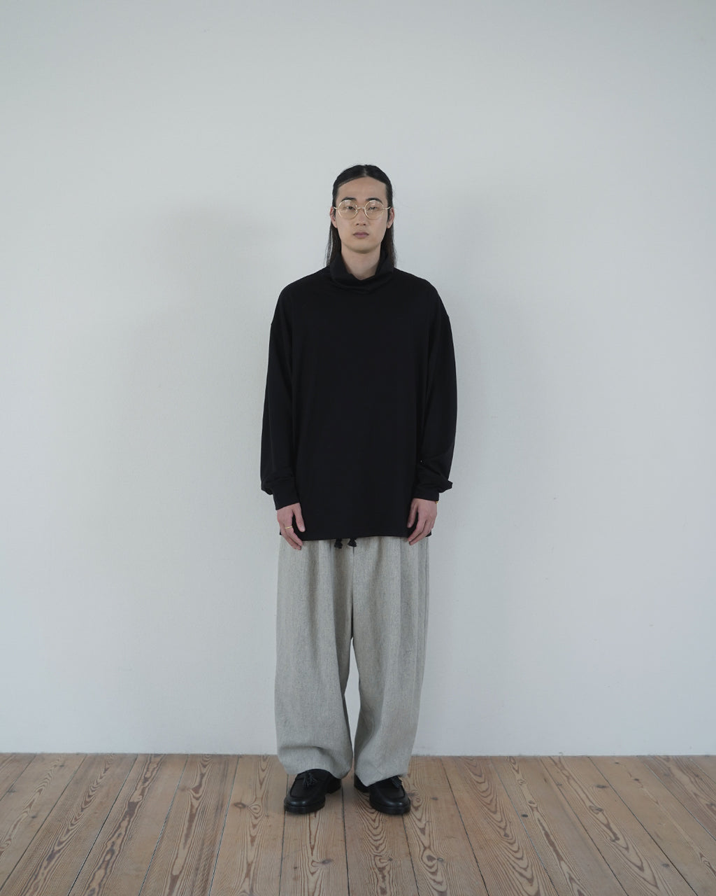 Super100s WOOL Plating Turtleneck L/S Logo TEE <#black>