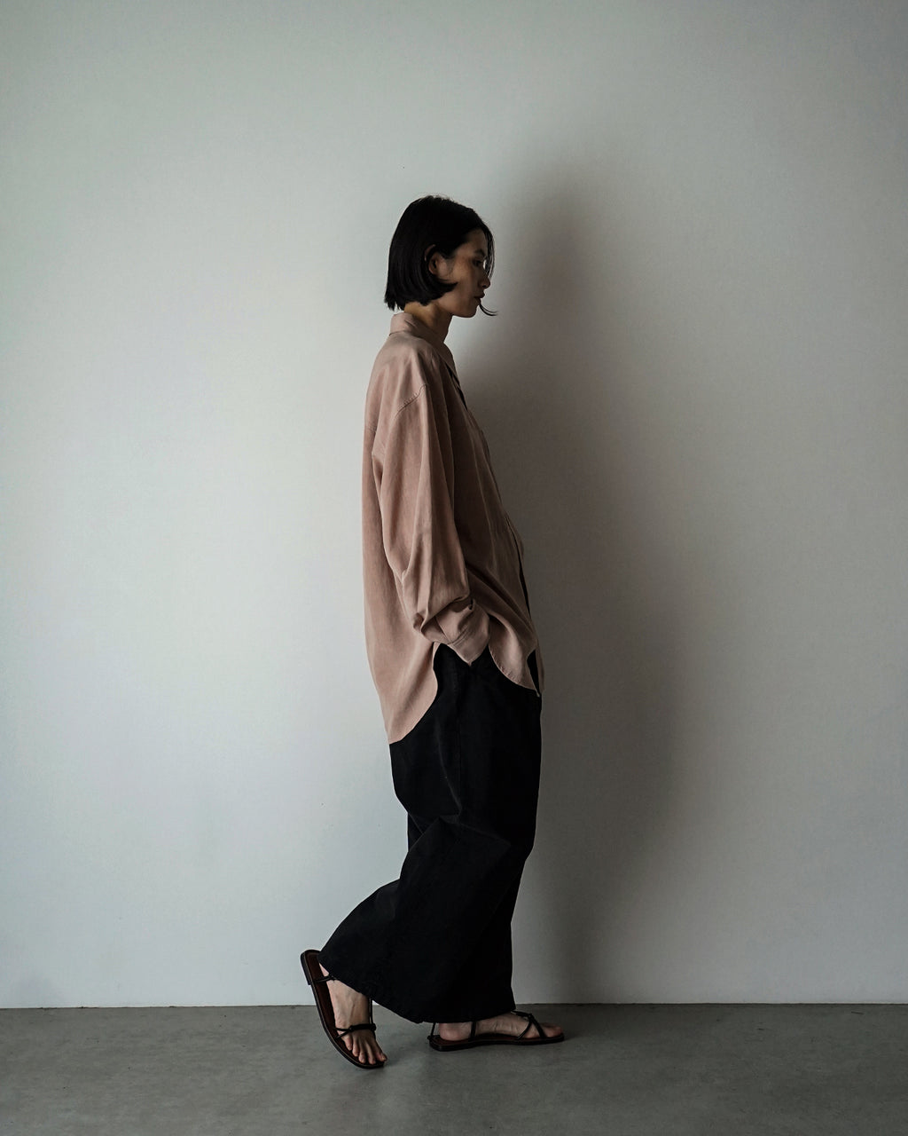 Linen-Tencel Double Pocket Regular Collar Over Shirt <#smoke pink>