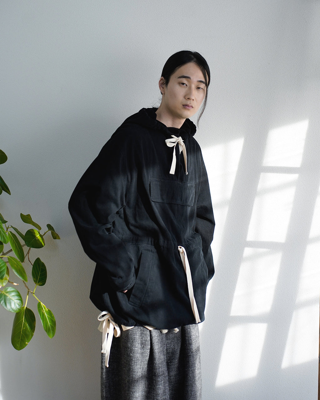Brushed Cotton Flannel Biowash French Anorak Parka <#black>