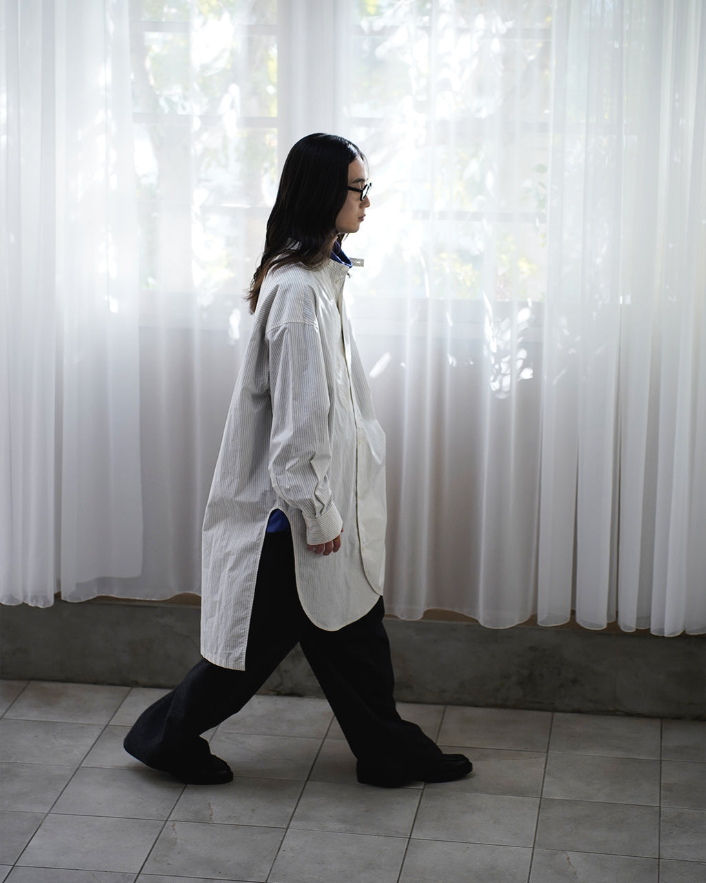 Cotton Typewriter Round Slit Long Officer Shirt <#ivory stripe>