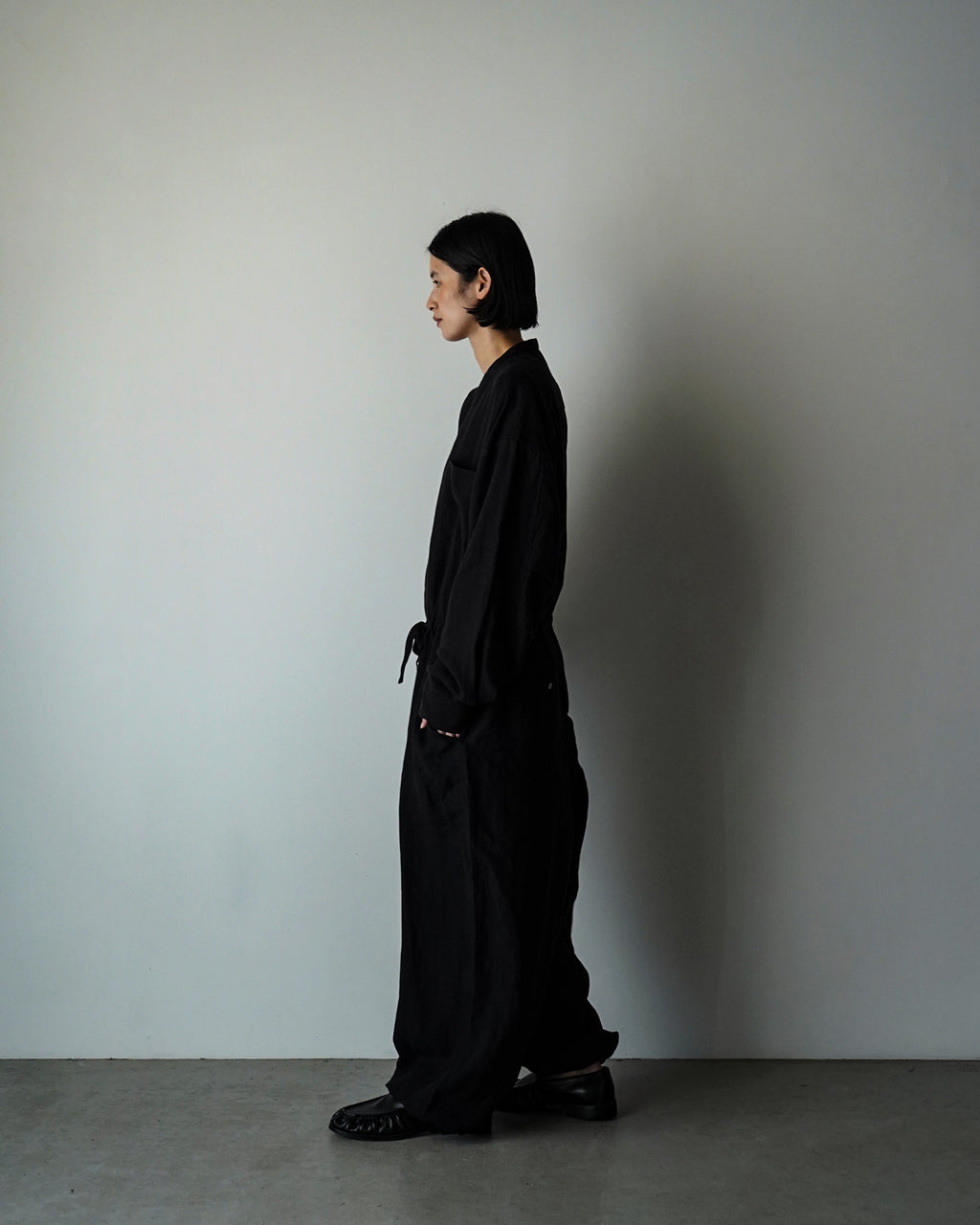 Wash Linen Band Collar Long-Sleeve Jumpsuit <#black>