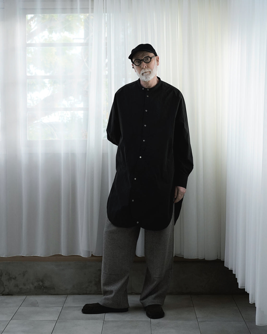 Cotton Typewriter Round Slit Long Officer Shirt <#ink black>
