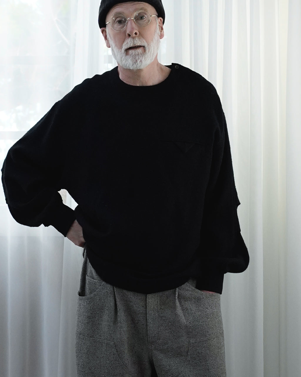 Shetland Wool Linen Crew Neck LS Tuck Rib Pullover <#black>