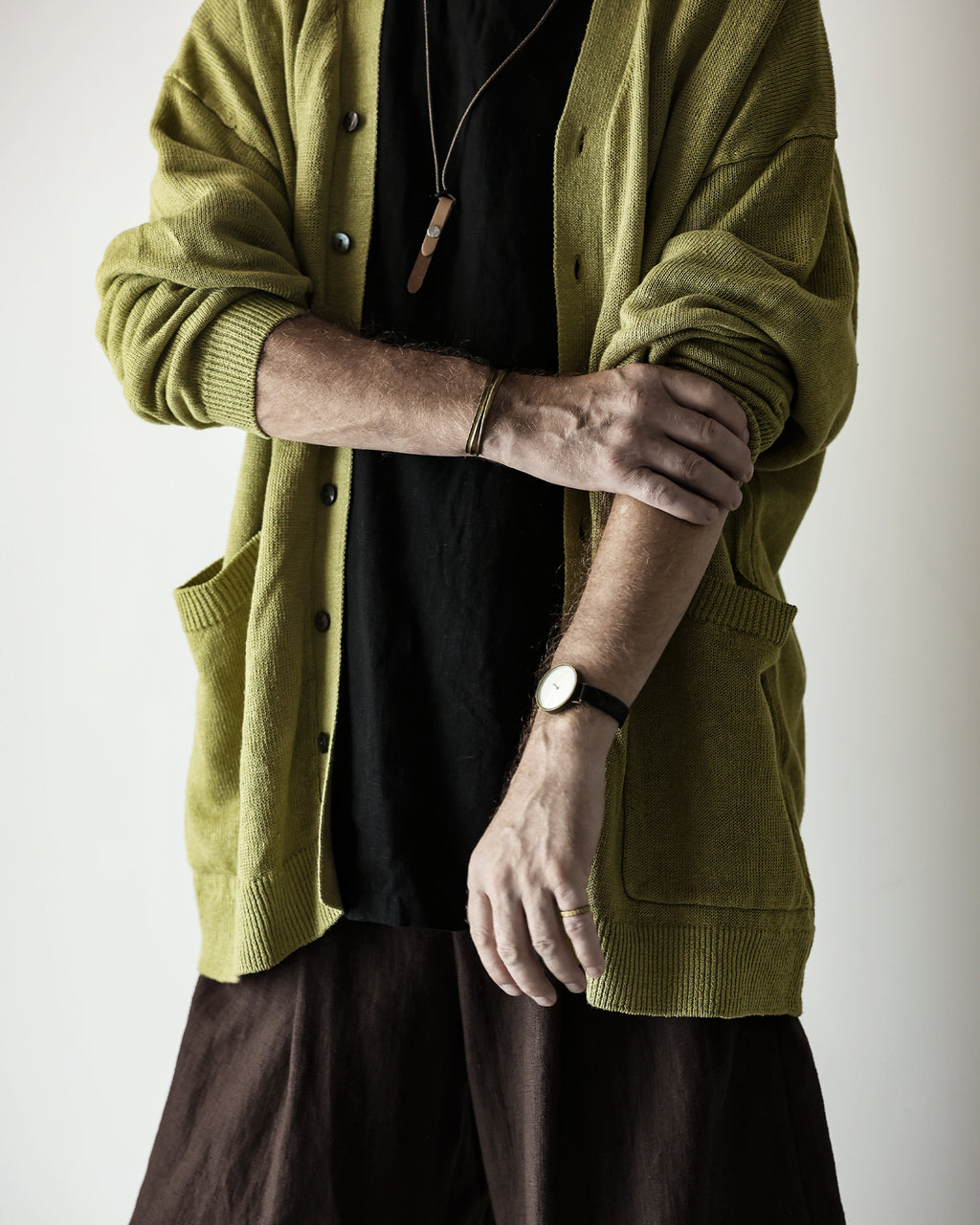 Linen Mid-Gauge V-Neck Knit Gown Cardigan <#yellow>
