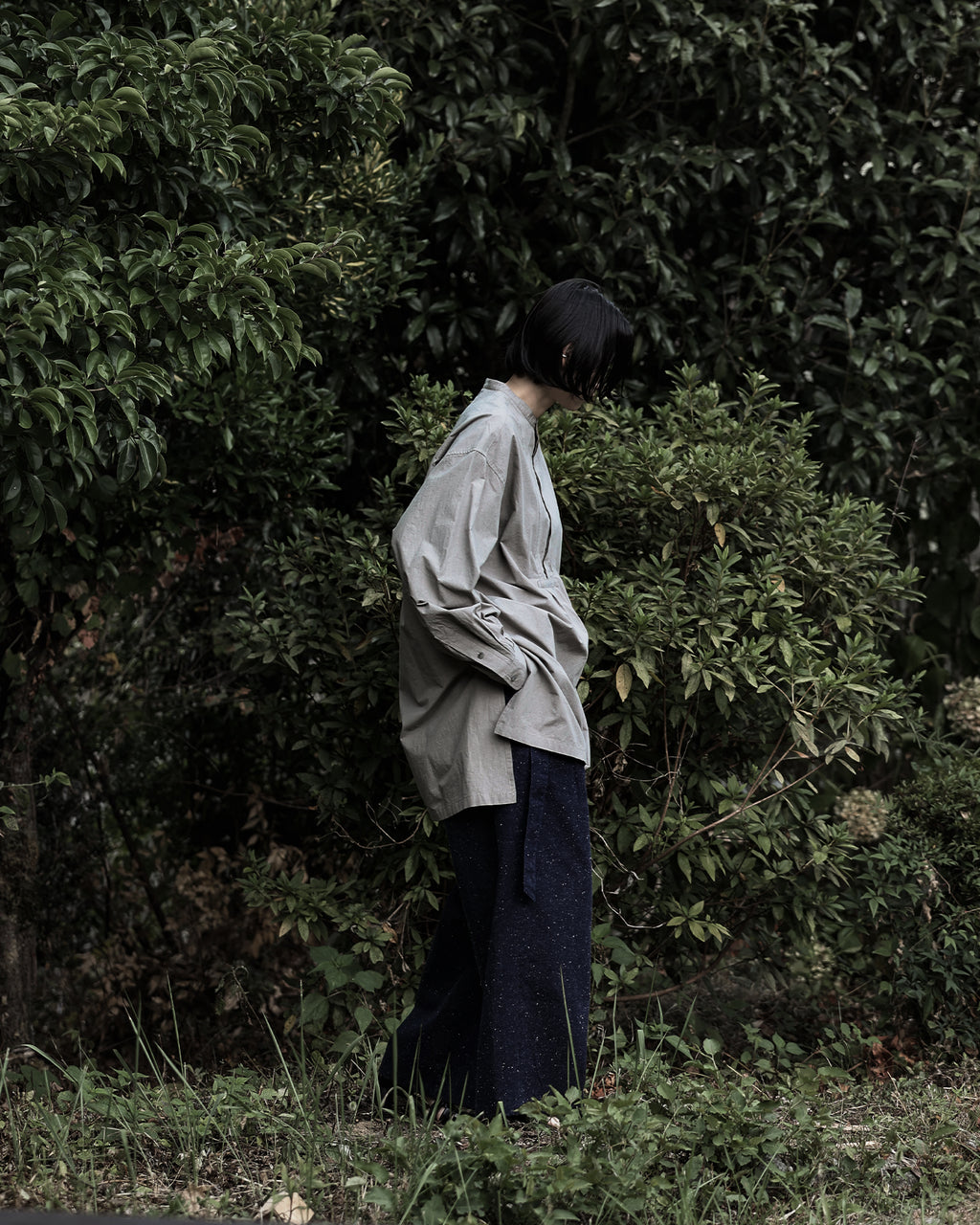 Organic Cotton Band Collar Side Slit Grandpa Shirt <#gray>